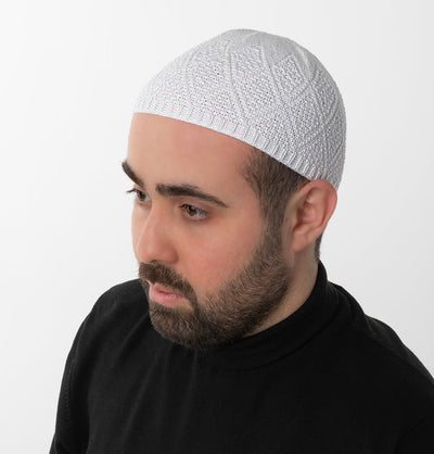 Modefa Kufi White Men's Premium Islamic Diamond Knitted Kufi - White