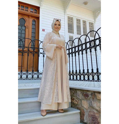 Modefa Modest Clothing Set Modern Muslim Woman's 2 Piece Jumpsuit with Lace Open Abaya - 3782 - Apricot
