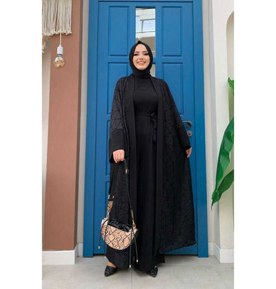 Modefa Modest Clothing Set Modern Muslim Woman's 2 Piece Jumpsuit with Lace Open Abaya - 3782 - Black