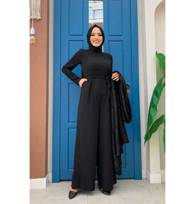 Modefa Modest Clothing Set Modern Muslim Woman's 2 Piece Jumpsuit with Lace Open Abaya - 3782 - Black
