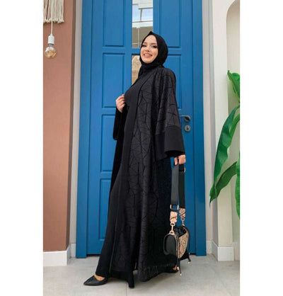Modefa Modest Clothing Set Modern Muslim Woman's 2 Piece Jumpsuit with Lace Open Abaya - 3782 - Black