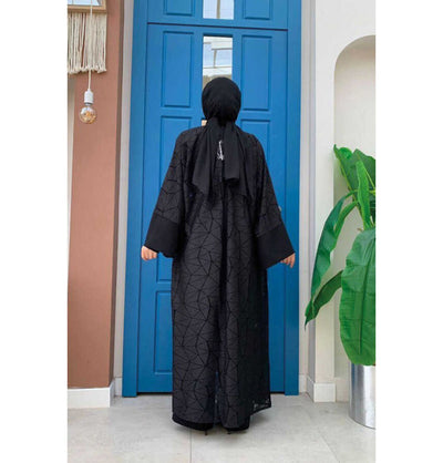 Modefa Modest Clothing Set Modern Muslim Woman's 2 Piece Jumpsuit with Lace Open Abaya - 3782 - Black