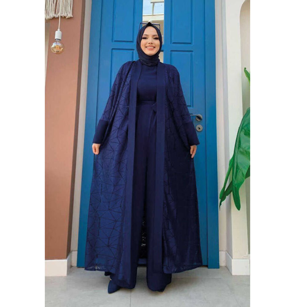 Modefa Modest Clothing Set Modern Muslim Woman's 2 Piece Jumpsuit with Lace Open Abaya - 3782 - Navy Blue