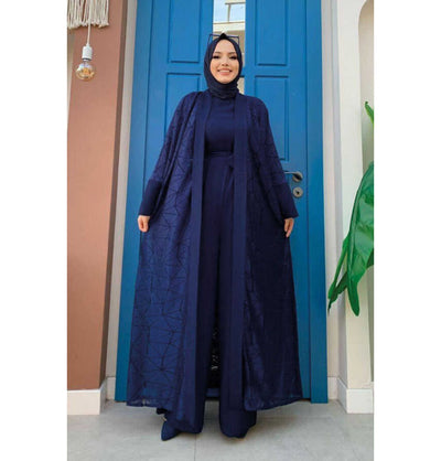 Modefa Modest Clothing Set Modern Muslim Woman's 2 Piece Jumpsuit with Lace Open Abaya - 3782 - Navy Blue