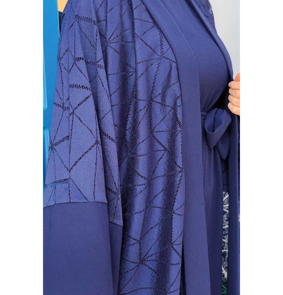 Modefa Modest Clothing Set Modern Muslim Woman's 2 Piece Jumpsuit with Lace Open Abaya - 3782 - Navy Blue