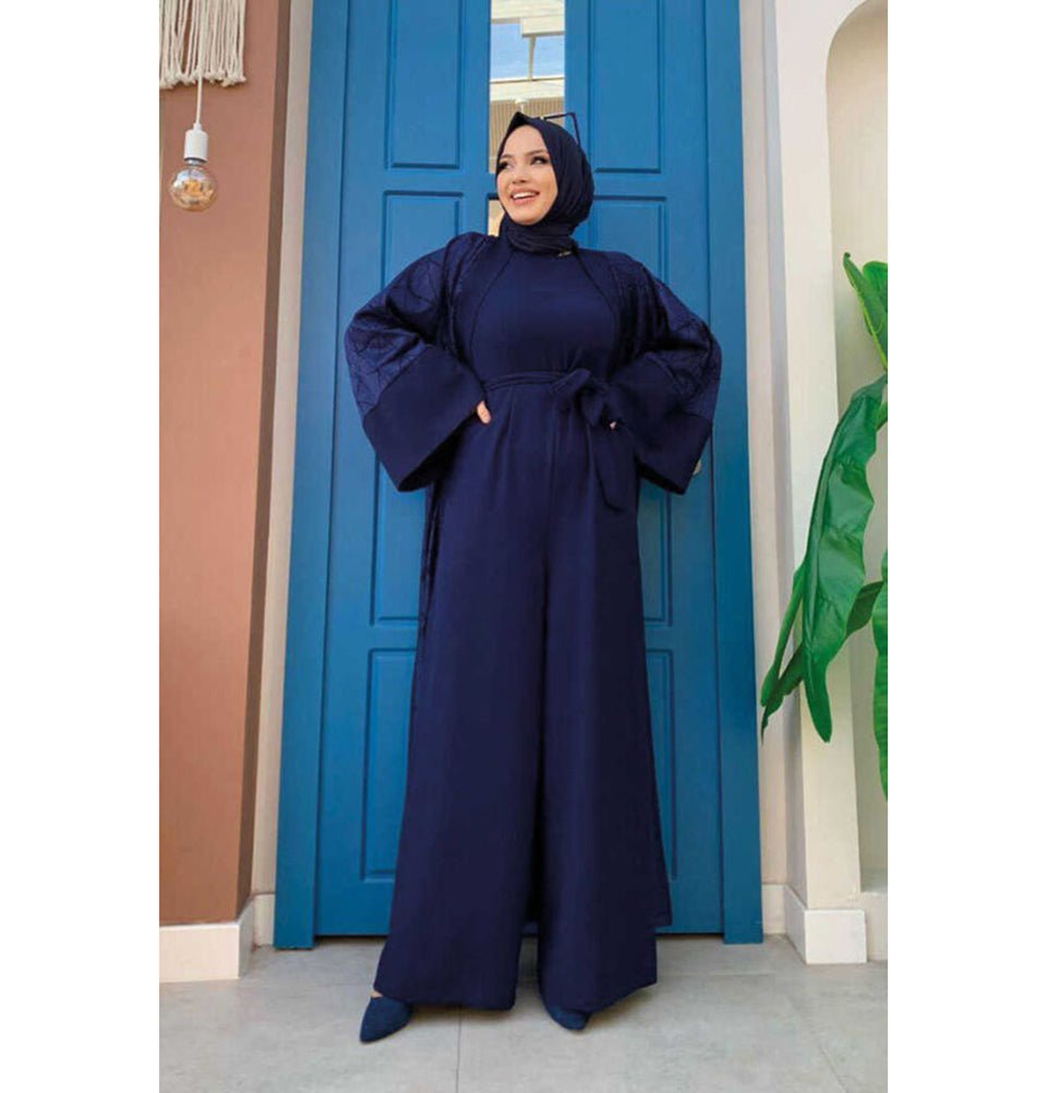 Modefa Modest Clothing Set Modern Muslim Woman's 2 Piece Jumpsuit with Lace Open Abaya - 3782 - Navy Blue