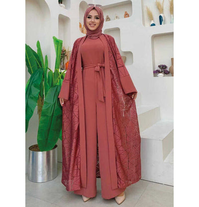 Modefa Modest Clothing Set Modern Muslim Woman's 2 Piece Jumpsuit with Lace Open Abaya - 3782 - Rose Pink
