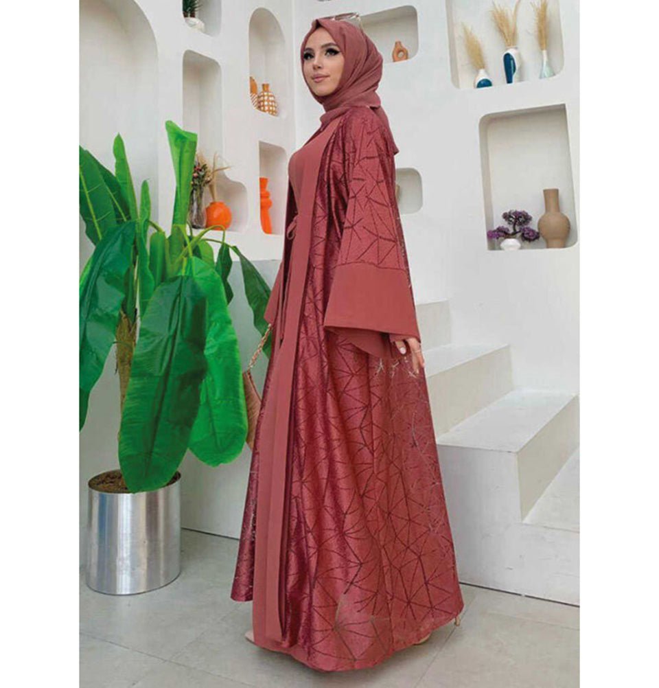 Modefa Modest Clothing Set Modern Muslim Woman's 2 Piece Jumpsuit with Lace Open Abaya - 3782 - Rose Pink