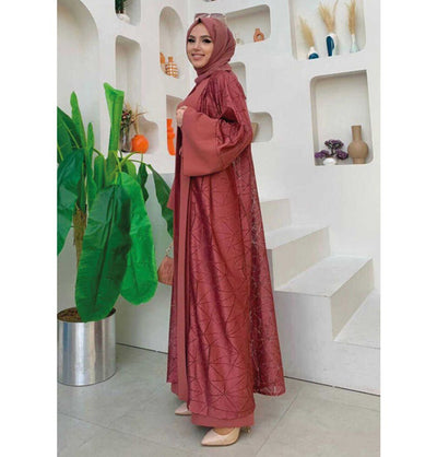 Modefa Modest Clothing Set Modern Muslim Woman's 2 Piece Jumpsuit with Lace Open Abaya - 3782 - Rose Pink