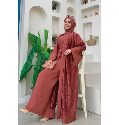 Modefa Modest Clothing Set Modern Muslim Woman's 2 Piece Jumpsuit with Lace Open Abaya - 3782 - Rose Pink