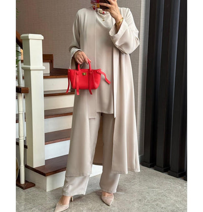 Modefa Modest Clothing Set Modern Muslim Woman's Chic 3 Piece Cardigan, Vest Tunic & Trousers - Beige