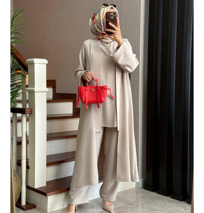 Modefa Modest Clothing Set Modern Muslim Woman's Chic 3 Piece Cardigan, Vest Tunic & Trousers - Beige