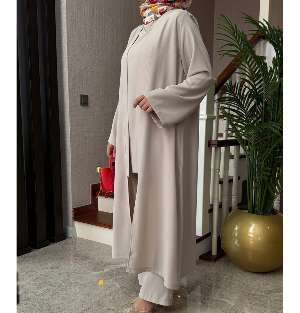 Modefa Modest Clothing Set Modern Muslim Woman's Chic 3 Piece Cardigan, Vest Tunic & Trousers - Beige