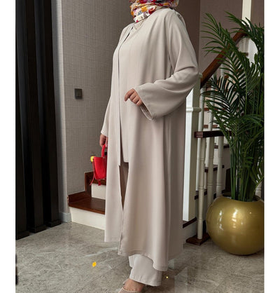 Modefa Modest Clothing Set Modern Muslim Woman's Chic 3 Piece Cardigan, Vest Tunic & Trousers - Beige