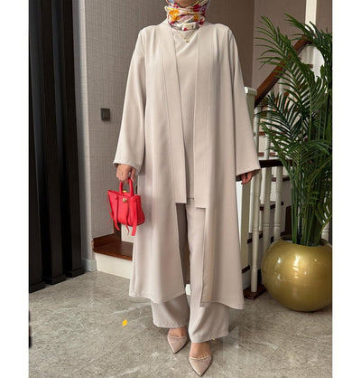 Modefa Modest Clothing Set Modern Muslim Woman's Chic 3 Piece Cardigan, Vest Tunic & Trousers - Beige
