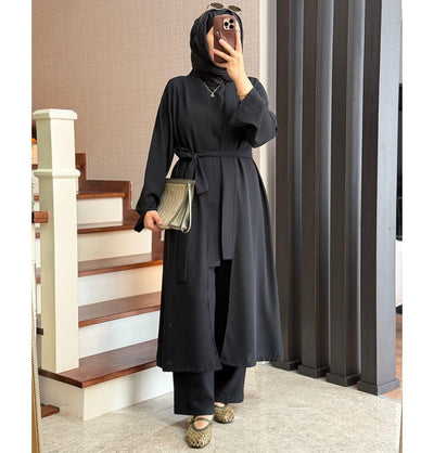 Modefa Modest Clothing Set Modern Muslim Woman's Chic 3 Piece Cardigan, Vest Tunic & Trousers - Black
