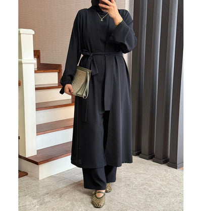 Modefa Modest Clothing Set Modern Muslim Woman's Chic 3 Piece Cardigan, Vest Tunic & Trousers - Black