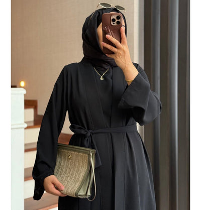 Modefa Modest Clothing Set Modern Muslim Woman's Chic 3 Piece Cardigan, Vest Tunic & Trousers - Black