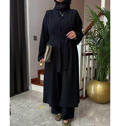 Modefa Modest Clothing Set Modern Muslim Woman's Chic 3 Piece Cardigan, Vest Tunic & Trousers - Black