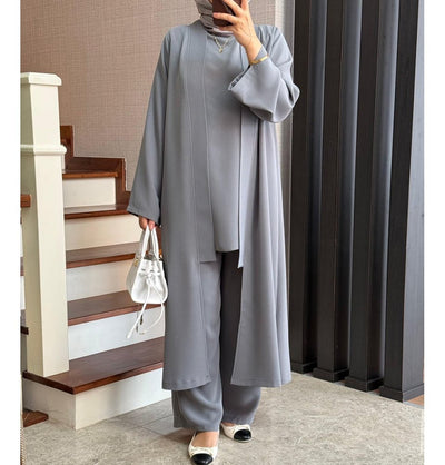 Modefa Modest Clothing Set Modern Muslim Woman's Chic 3 Piece Cardigan, Vest Tunic & Trousers - Grey