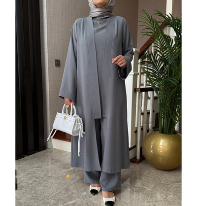 Modefa Modest Clothing Set Modern Muslim Woman's Chic 3 Piece Cardigan, Vest Tunic & Trousers - Grey