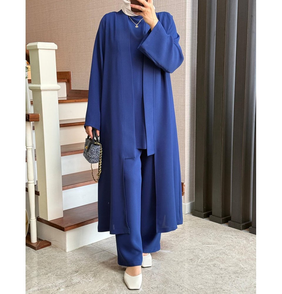 Modefa Modest Clothing Set Modern Muslim Woman's Chic 3 Piece Cardigan, Vest Tunic & Trousers - Navy Blue