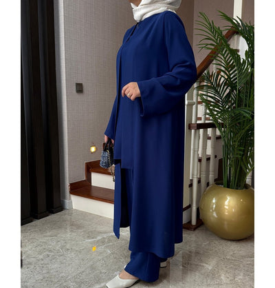 Modefa Modest Clothing Set Modern Muslim Woman's Chic 3 Piece Cardigan, Vest Tunic & Trousers - Navy Blue