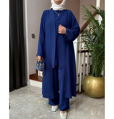 Modefa Modest Clothing Set Modern Muslim Woman's Chic 3 Piece Cardigan, Vest Tunic & Trousers - Navy Blue