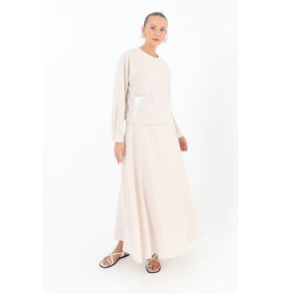 Modefa Modest Clothing Set Modern Muslim Woman Sequins Pocket Tunic with Skirt - 14238 Beige