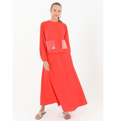 Modefa Modest Clothing Set Modern Muslim Woman Sequins Pocket Tunic with Skirt - 14238 Orange