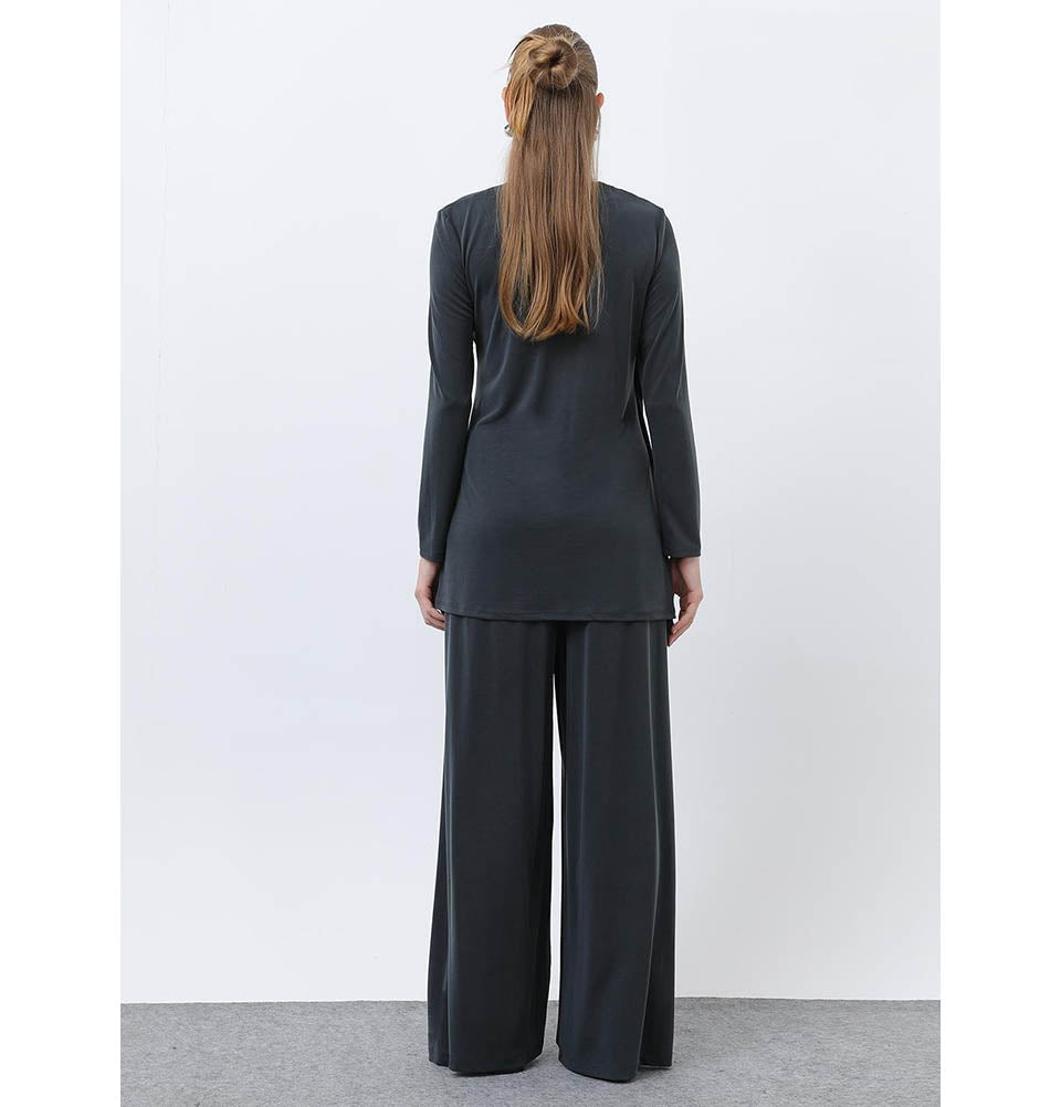 Modefa Modest Clothing Set Modern Muslim Women's Draped Modal Tunic Set - 14349 Dark Anthracite