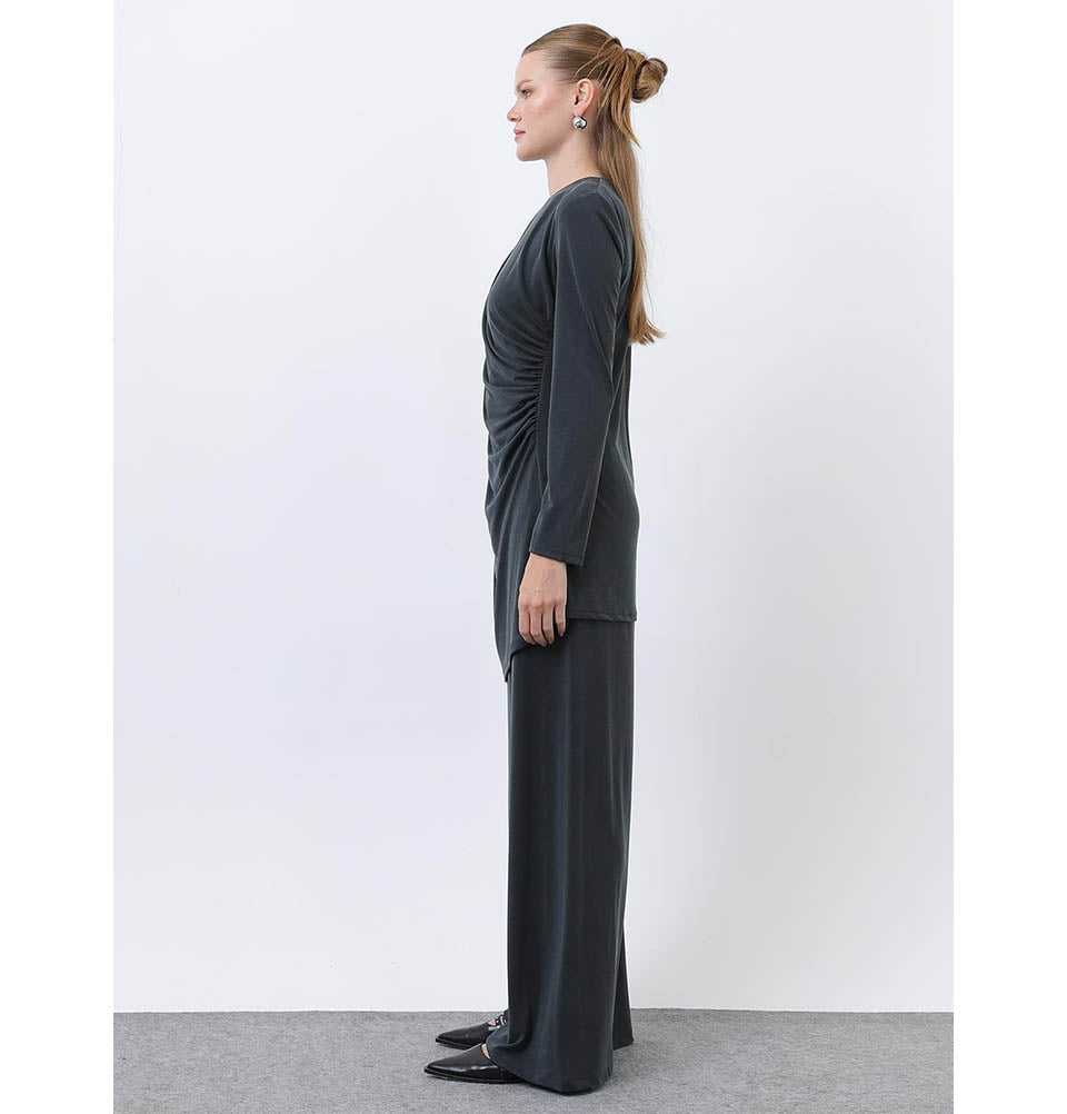 Modefa Modest Clothing Set Modern Muslim Women's Draped Modal Tunic Set - 14349 Dark Anthracite