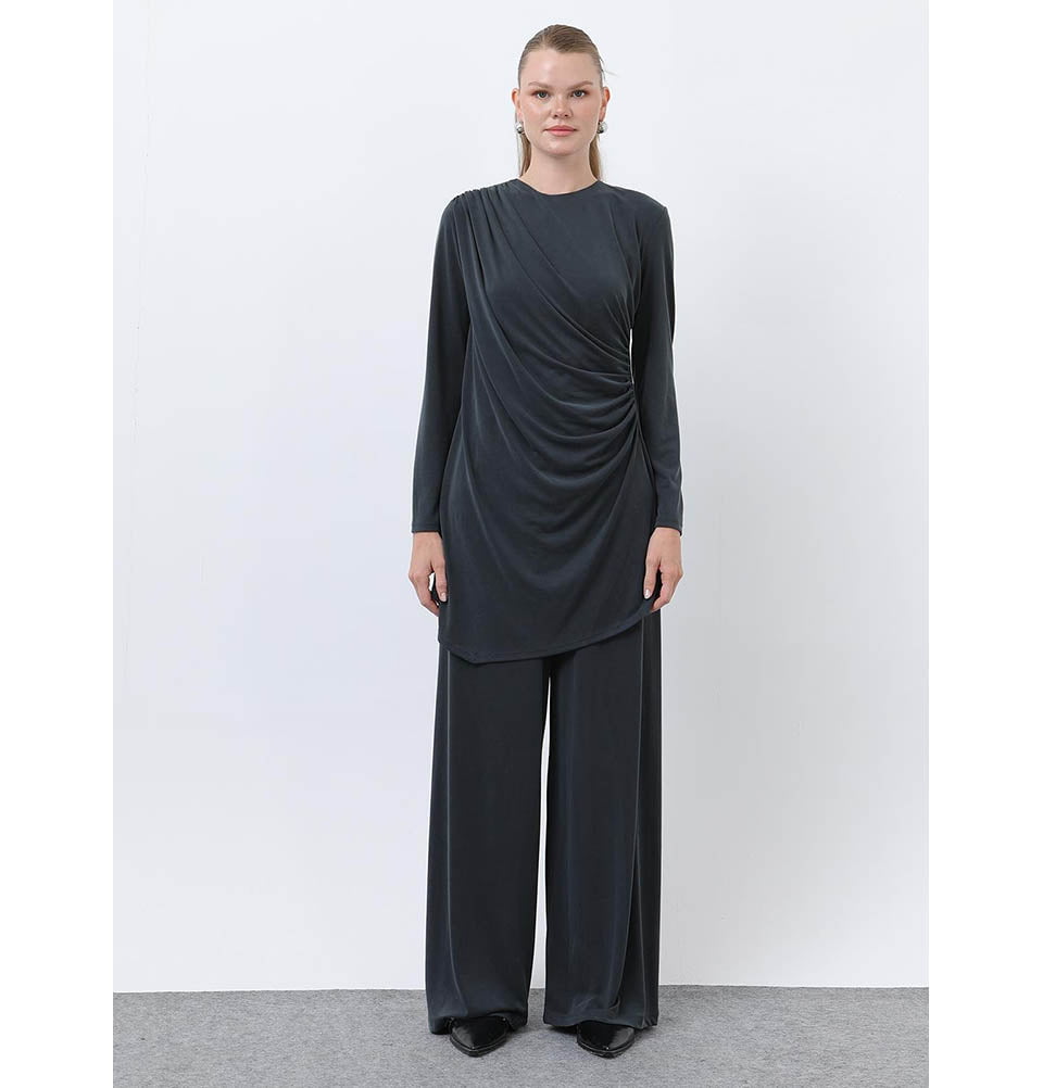 Modefa Modest Clothing Set Modern Muslim Women's Draped Modal Tunic Set - 14349 Dark Anthracite