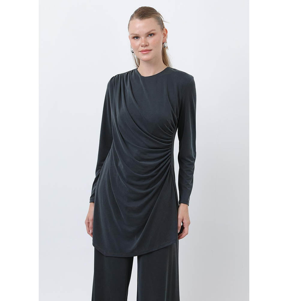 Modefa Modest Clothing Set Modern Muslim Women's Draped Modal Tunic Set - 14349 Dark Anthracite