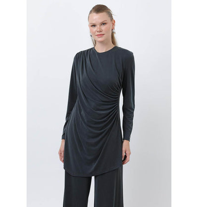 Modefa Modest Clothing Set Modern Muslim Women's Draped Modal Tunic Set - 14349 Dark Anthracite