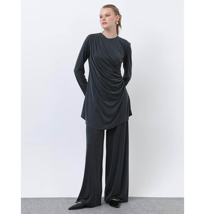 Modefa Modest Clothing Set Modern Muslim Women's Draped Modal Tunic Set - 14349 Dark Anthracite