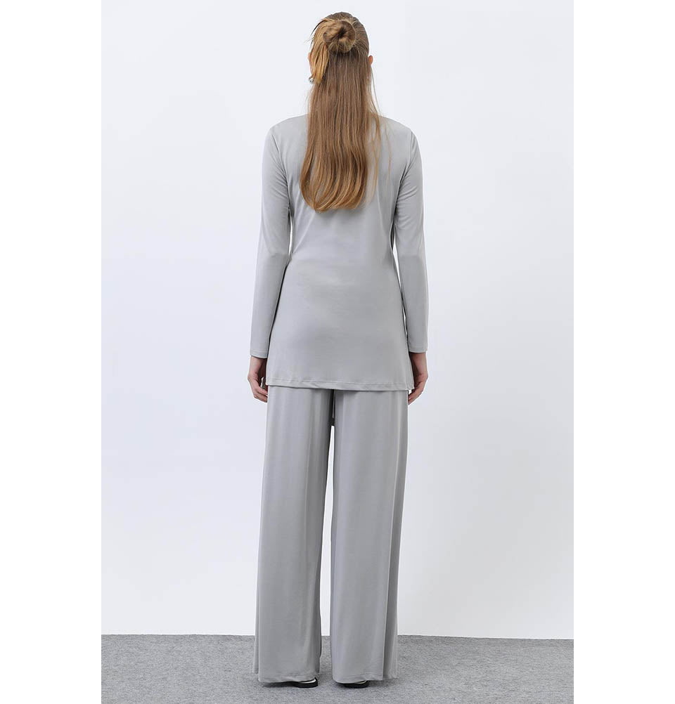 Modern Muslim Women's Draped Modal Tunic Set - 14349 Light Grey