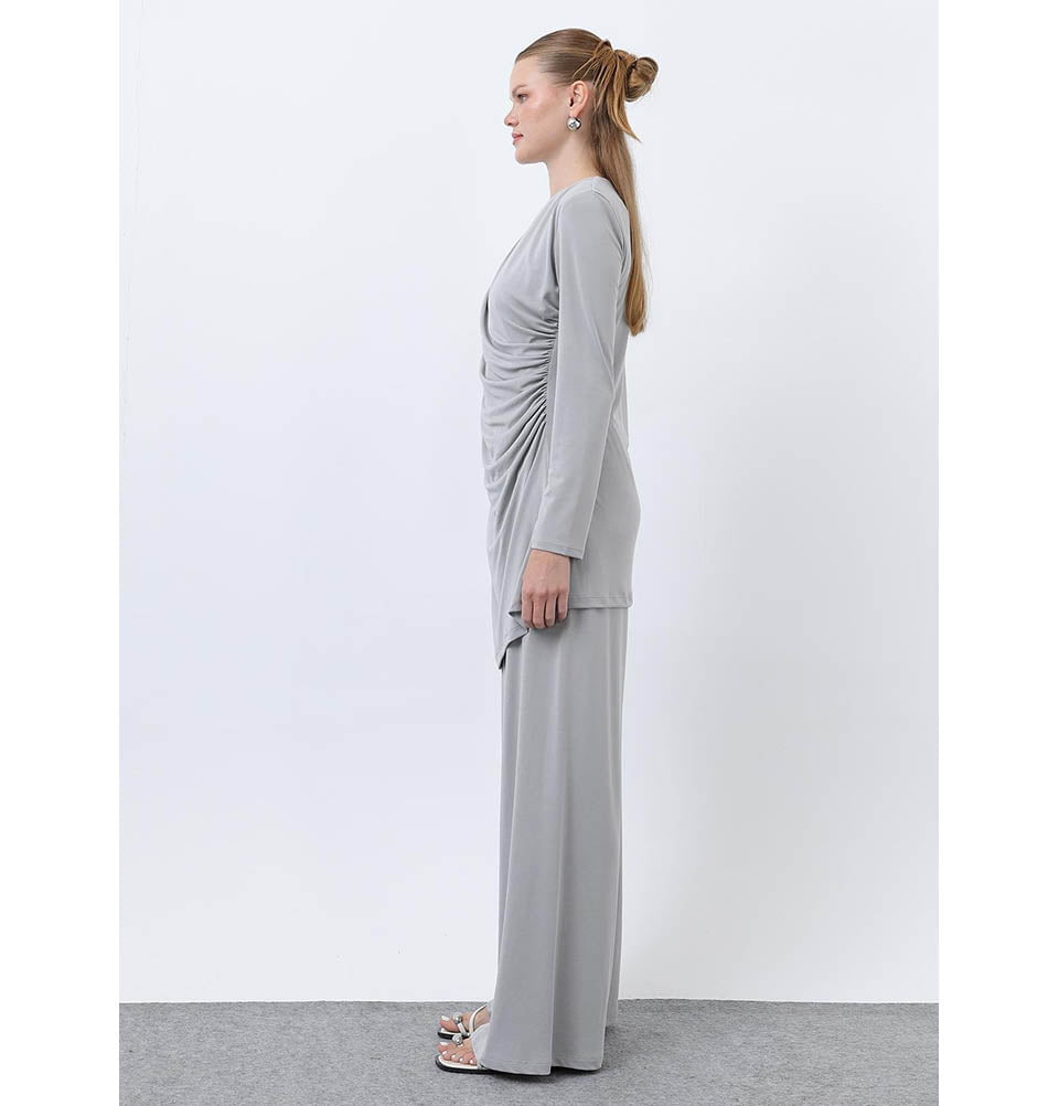 Modefa Modest Clothing Set Modern Muslim Women's Draped Modal Tunic Set - 14349 Light Grey