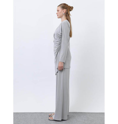 Modefa Modest Clothing Set Modern Muslim Women's Draped Modal Tunic Set - 14349 Light Grey