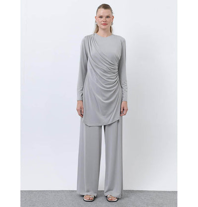 Modefa Modest Clothing Set Modern Muslim Women's Draped Modal Tunic Set - 14349 Light Grey