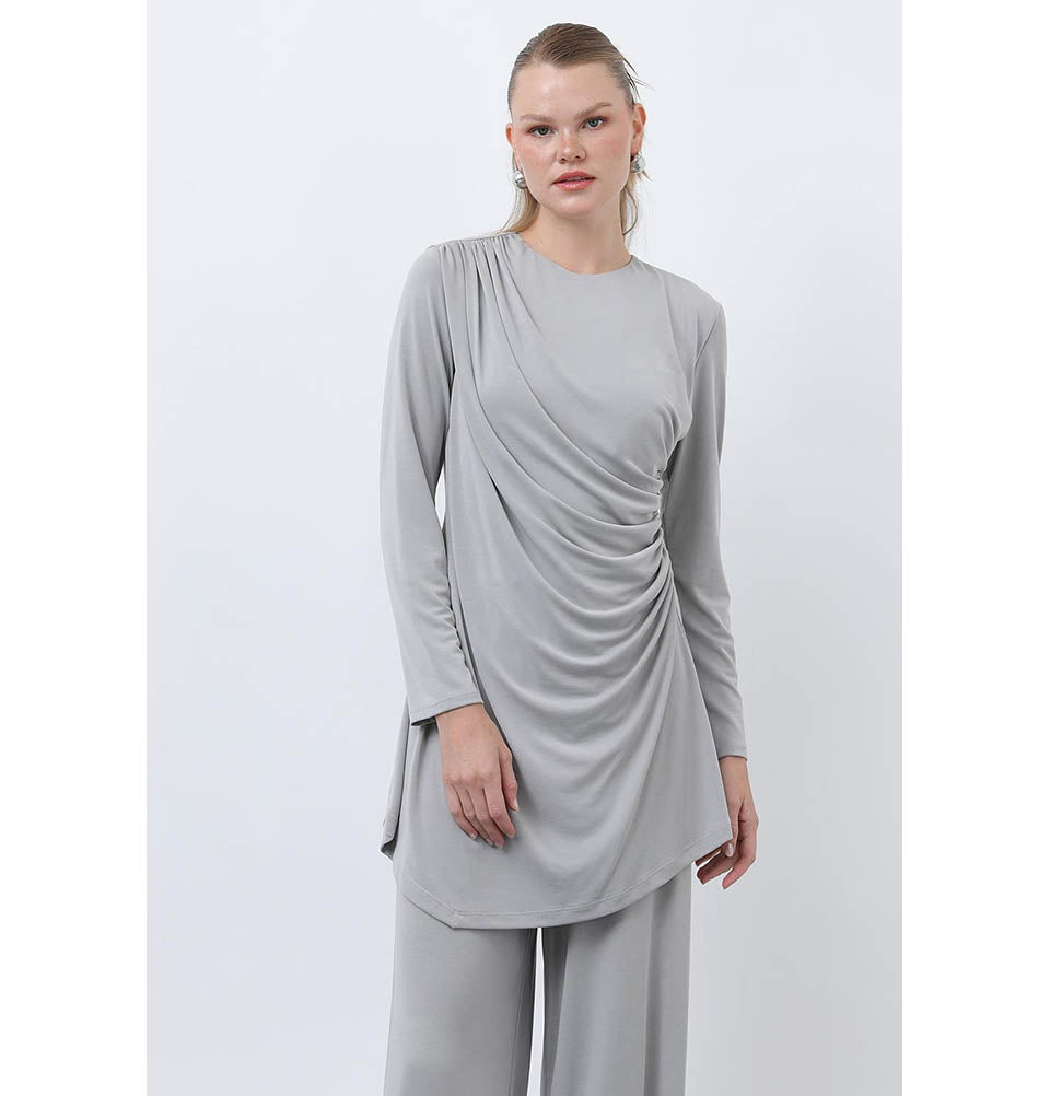 Modern Muslim Women's Draped Modal Tunic Set - 14349 Light Grey