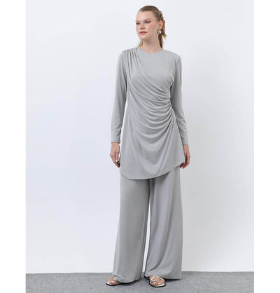 Modefa Modest Clothing Set Modern Muslim Women's Draped Modal Tunic Set - 14349 Light Grey