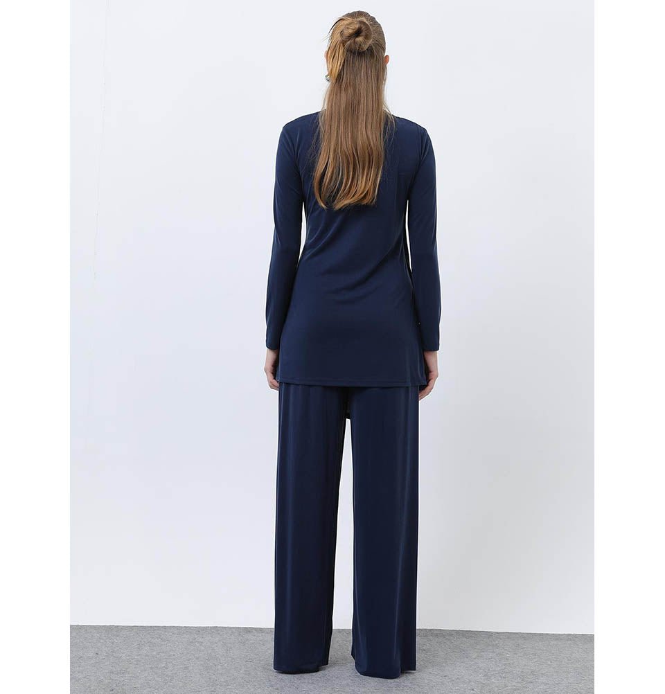 Modefa Modest Clothing Set Modern Muslim Women's Draped Modal Tunic Set - 14349 Navy