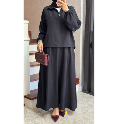 Modefa Modest Clothing Set Modern Muslim Women’s Lightweight Pullover Top with Skirt Set - Black