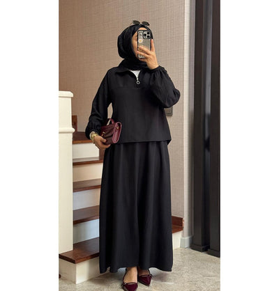 Modefa Modest Clothing Set Modern Muslim Women’s Lightweight Pullover Top with Skirt Set - Black