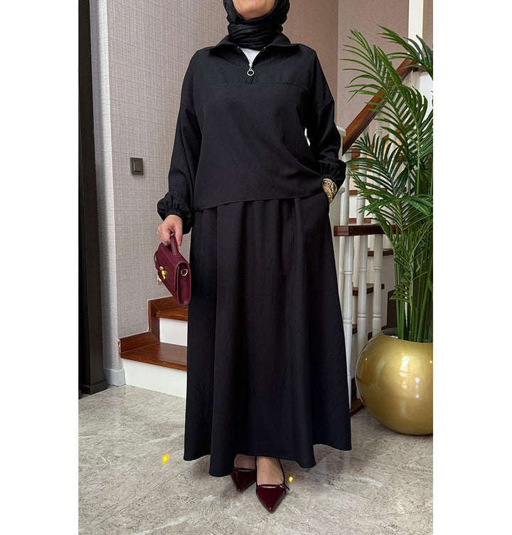 Modern Muslim Womens Lightweight Pullover Top with Skirt Set - Black Modern Muslim Womens Lightweight Pullover Top with Skirt Set - Black
