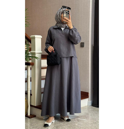 Modefa Modest Clothing Set Modern Muslim Women’s Lightweight Pullover with Skirt Set - Grey