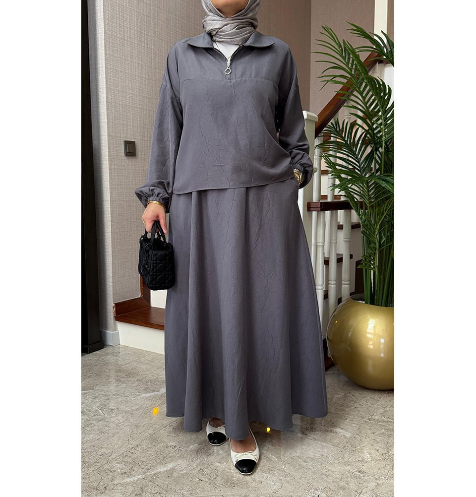 Modefa Modest Clothing Set Modern Muslim Women’s Lightweight Pullover with Skirt Set - Grey