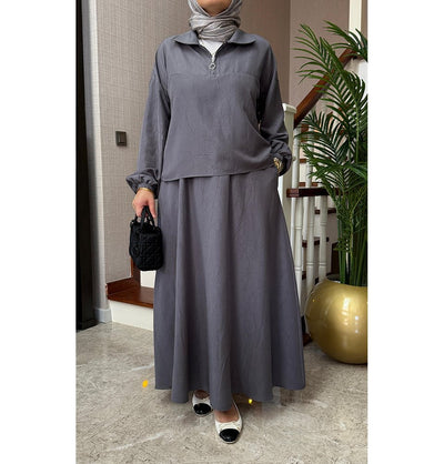 Modefa Modest Clothing Set Modern Muslim Women’s Lightweight Pullover with Skirt Set - Grey