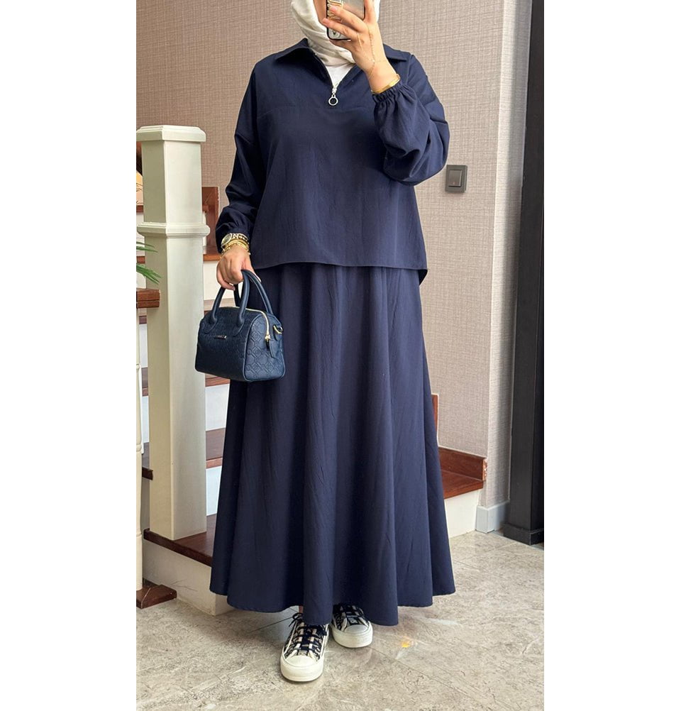 Modefa Modest Clothing Set Modern Muslim Women’s Lightweight Pullover with Skirt Set - Navy
